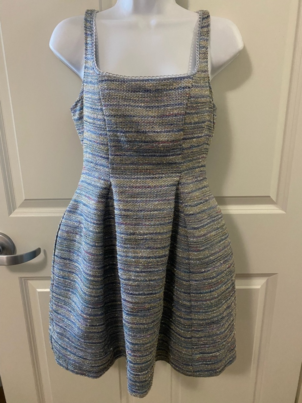 Maeve NWT Heathered Blue Square Neck Tweed Sleeveless Fit & Flare Dress